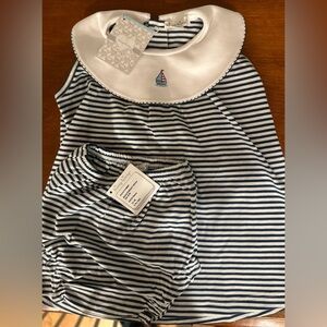 NWT-Kissy Kissy Knit Navy and White Striped Dress with bloomers. Sailboat motif.